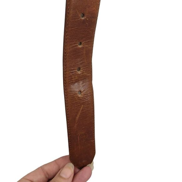 Vintage 80's Ritz Leather Belt S Brown Hieroglyphic Symbol Beads Brass Buckle - Picture 4 of 13